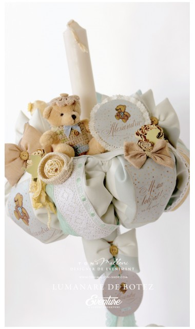 Lumanare de botez pentru baieti cu ursuleti si stelute aurii, 65x4cm, Tiny Teddy Bear 7